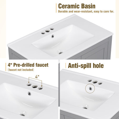 30 Inch Gray and Green Bathroom Vanity with Single Undermount Sink, Two Doors and Drawer, Soft-Close, Solid Wood Frame