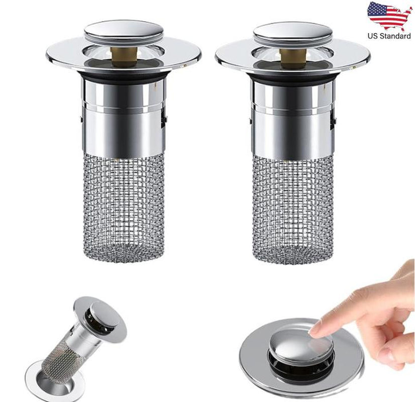 Pop-Up Sink Stopper with Hair Catcher Basket, 2-Pack, Stainless Steel