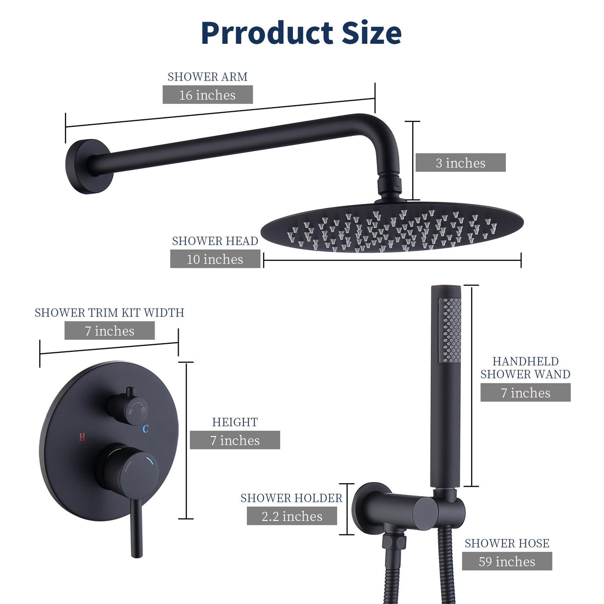 Shower System Combo Set, Matte Black — 10 Inch Rain Head, Handheld and Brass Valve