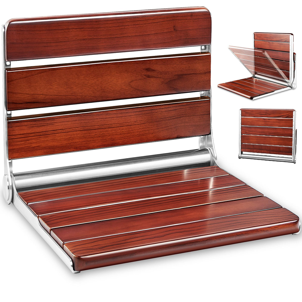 Folding Teak Shower Seat, 19 Inch — ADA Compliant, Wall Mounted, 400 Lb Capacity