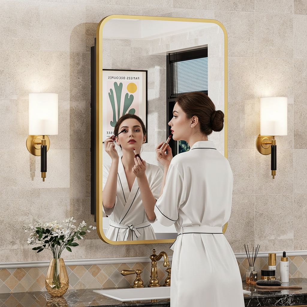 Medicine Cabinet with Mirror, 16 X 24 Inch — Gold Metal Frame, Recessed or Wall Mounted