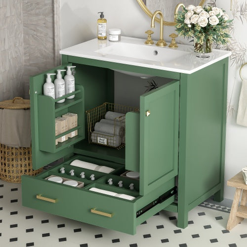 30 Inch Gray and Green Bathroom Vanity with Single Undermount Sink, Two Doors and Drawer, Soft-Close, Solid Wood Frame