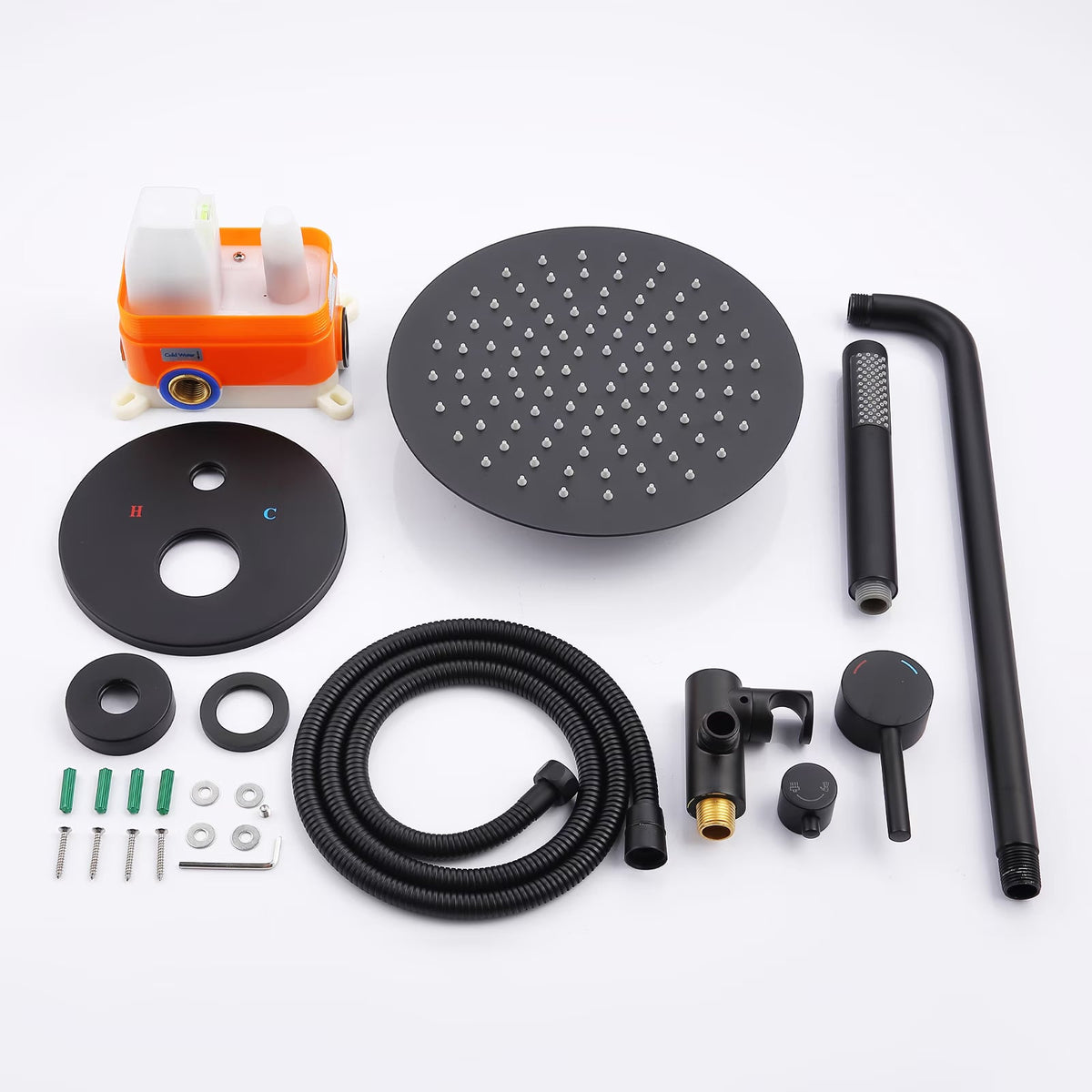 Shower System Combo Set, Matte Black — 10 Inch Rain Head, Handheld and Brass Valve