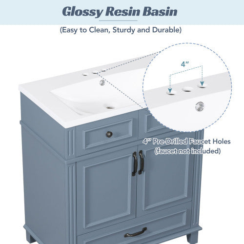 30 Inch Blue Bathroom Vanity with Resin Sink, Solid Wood Frame Storage Cabinet with Soft-Close Door, Vintage Style, Blue