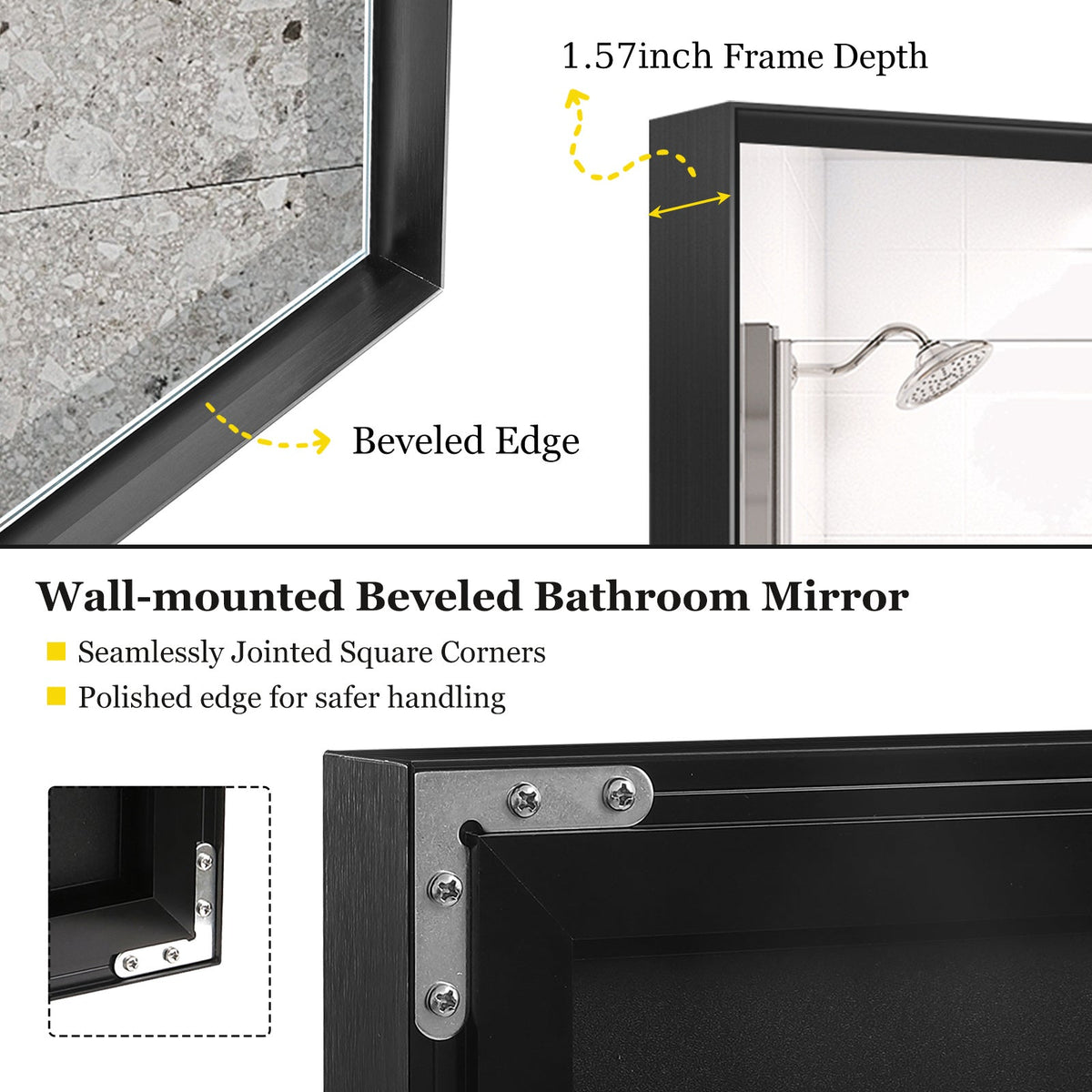 Rectangular Bathroom Mirror, 40 X 30 Inch — Glossy Black Metal Frame