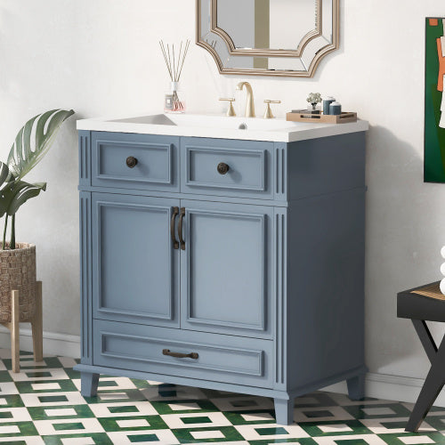 30 Inch Blue Bathroom Vanity with Resin Sink, Solid Wood Frame Storage Cabinet with Soft-Close Door, Vintage Style, Blue