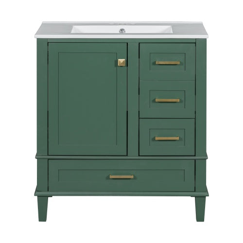 30 Inch Green and White Bathroom Vanity with Sink Combo, Soft-Close Door and Three Drawers, Solid Wood Frame