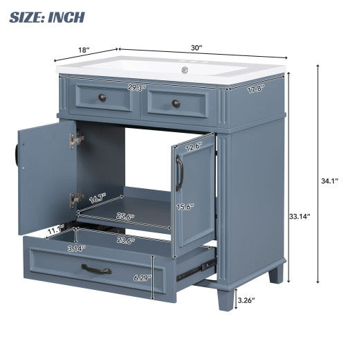 30 Inch Blue Bathroom Vanity with Resin Sink, Solid Wood Frame Storage Cabinet with Soft-Close Door, Vintage Style, Blue