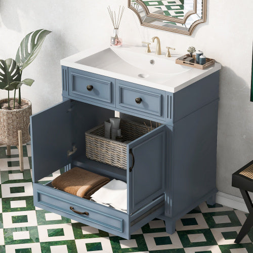 30 Inch Blue Bathroom Vanity with Resin Sink, Solid Wood Frame Storage Cabinet with Soft-Close Door, Vintage Style, Blue