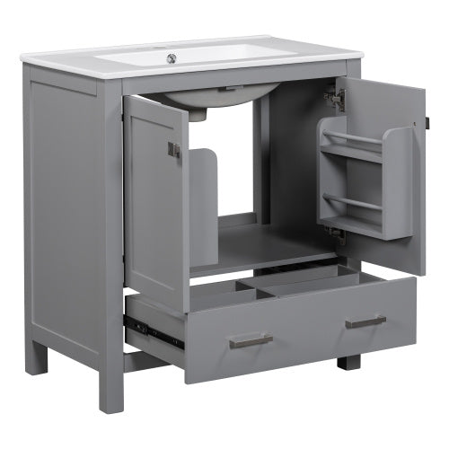 30 Inch Gray and Green Bathroom Vanity with Single Undermount Sink, Two Doors and Drawer, Soft-Close, Solid Wood Frame
