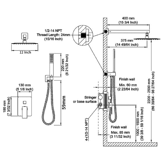 Shower System Combo Set — Wall Mount with Mixer Valve