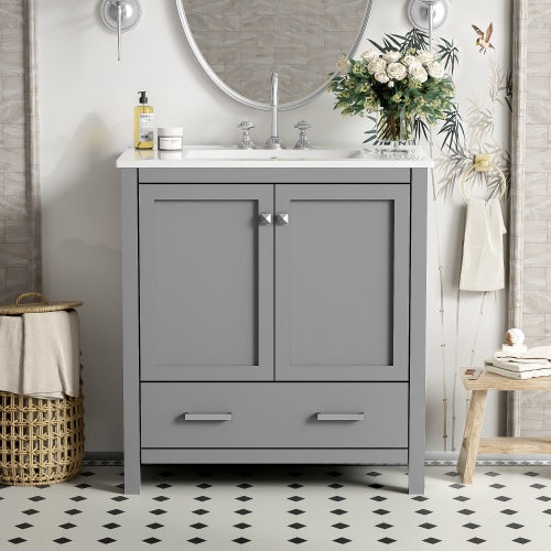 30 Inch Gray and Green Bathroom Vanity with Single Undermount Sink, Two Doors and Drawer, Soft-Close, Solid Wood Frame