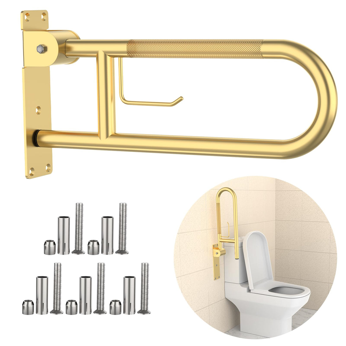 Flip-Up Toilet Grab Bar, 22.4 Inch with Paper Holder, Brushed Gold