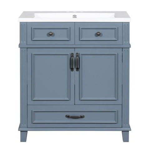 30 Inch Blue Bathroom Vanity with Resin Sink, Solid Wood Frame Storage Cabinet with Soft-Close Door, Vintage Style, Blue