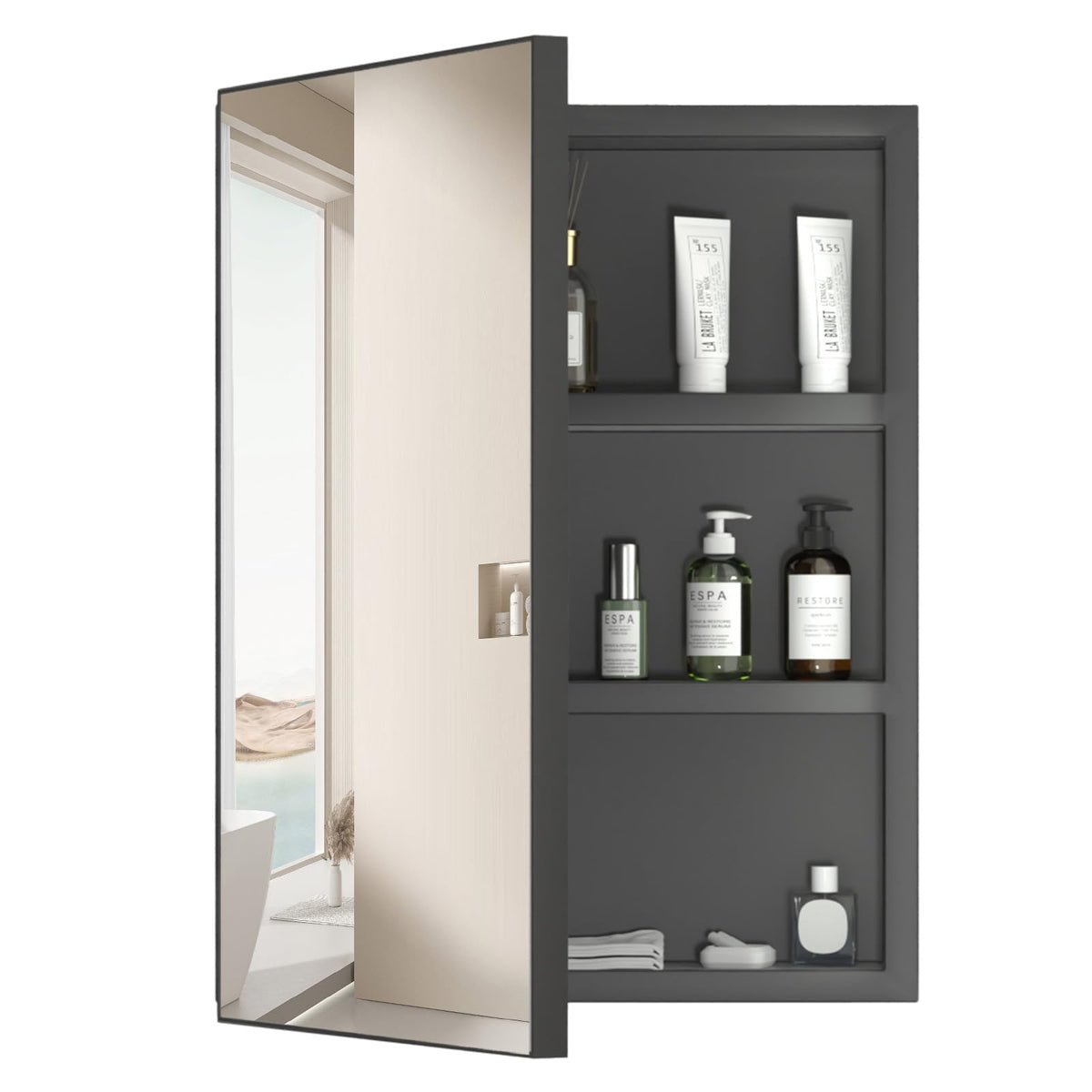 Medicine Cabinet with Mirror, 16 X 22 Inch — Black Aluminum Frame, Recessed or Surface Mount
