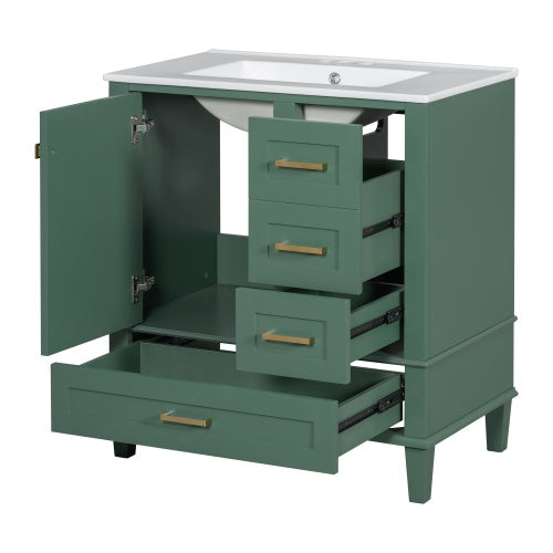 30 Inch Green and White Bathroom Vanity with Sink Combo, Soft-Close Door and Three Drawers, Solid Wood Frame