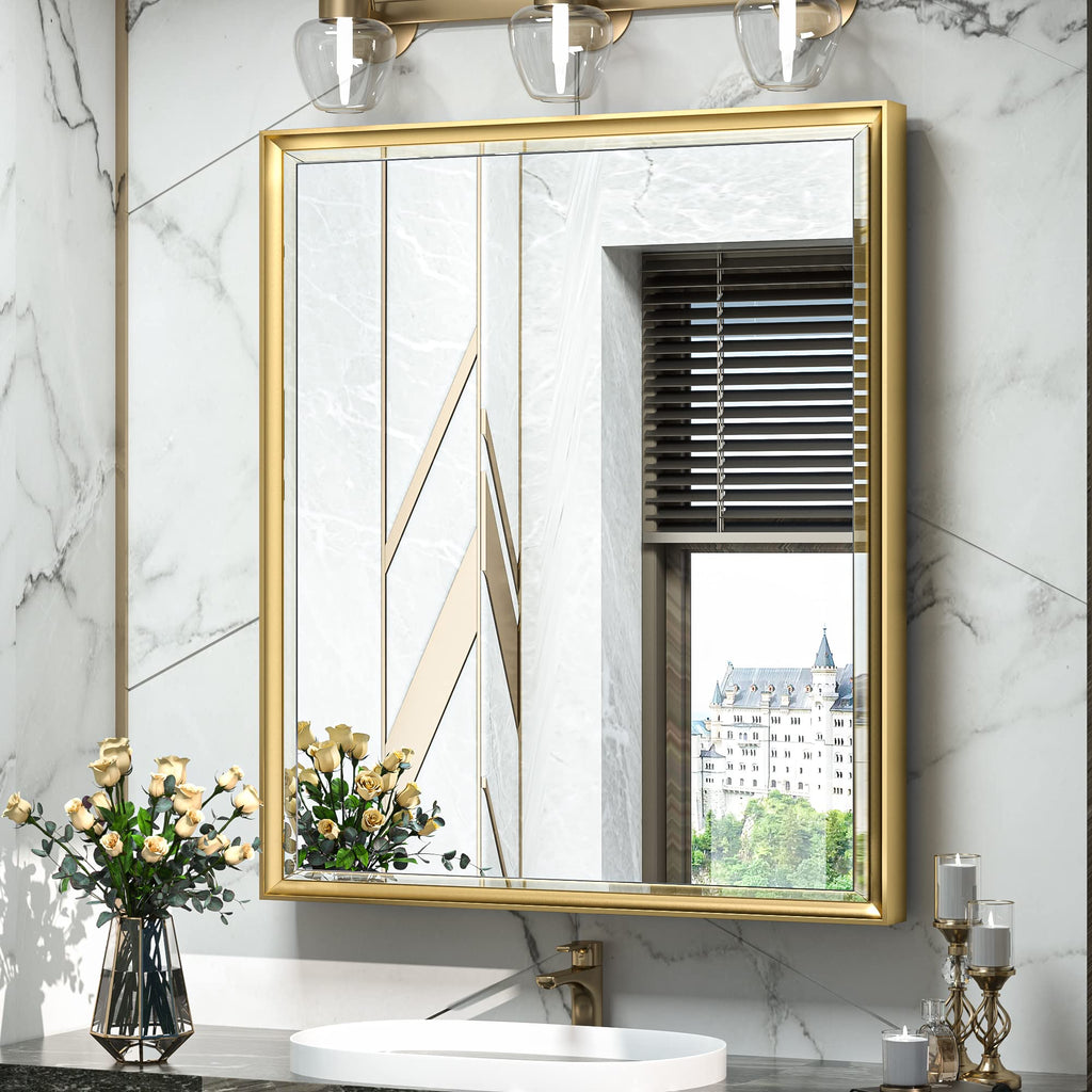 Medicine Cabinet with Beveled Mirror, 26 X 30 Inch — Aluminum Frame, Recessed or Wall Mounted