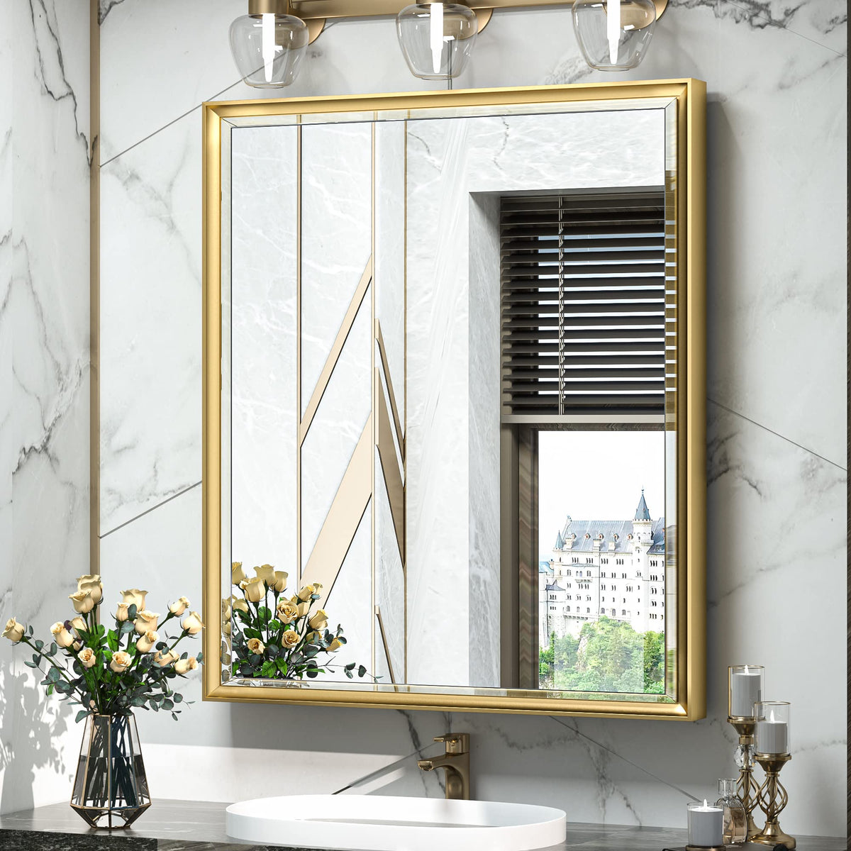 Medicine Cabinet with Beveled Mirror, 26 X 30 Inch — Aluminum Frame, Recessed or Wall Mounted