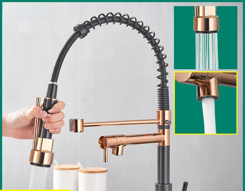 Pull-Down Kitchen Faucet, All-Copper with Dual Outlet