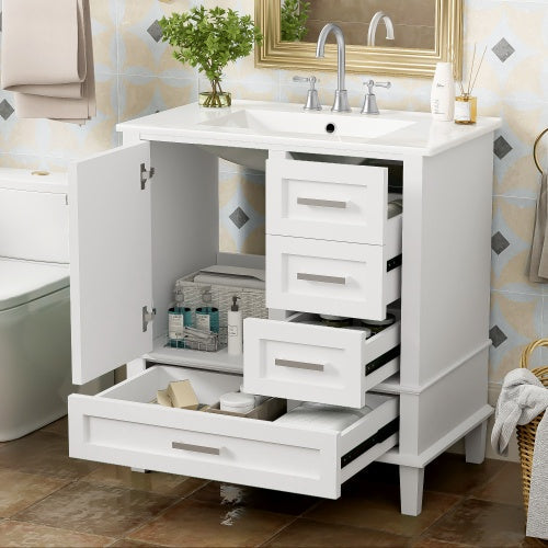 30 Inch Green and White Bathroom Vanity with Sink Combo, Soft-Close Door and Three Drawers, Solid Wood Frame