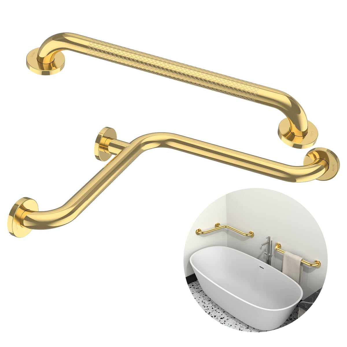 L-Shaped Corner Grab Bar Set, 16 x 16 Inch with 20 Inch Bar, Gold
