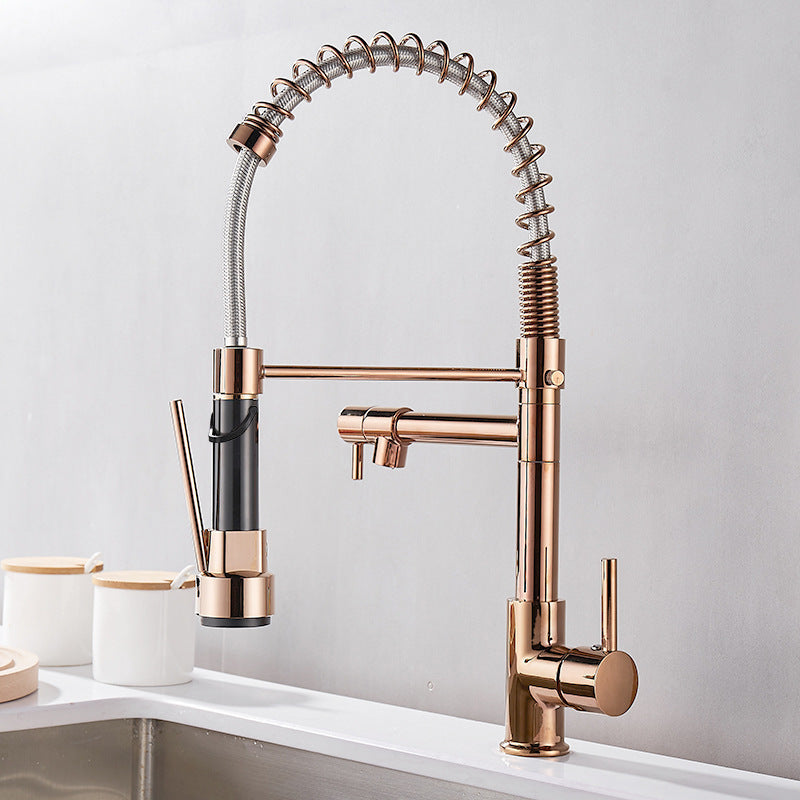 Pull-Down Kitchen Faucet, All-Copper with Dual Outlet