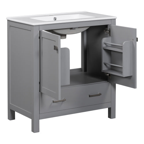 30 Inch Gray and Green Bathroom Vanity with Single Undermount Sink, Two Doors and Drawer, Soft-Close, Solid Wood Frame