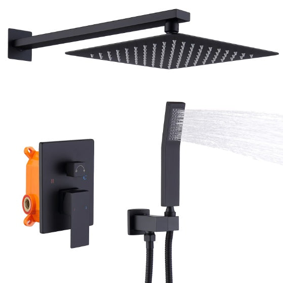 Shower System Combo Set, Matte Black — 10 Inch Rain Head, Handheld and Brass Mixer Valve