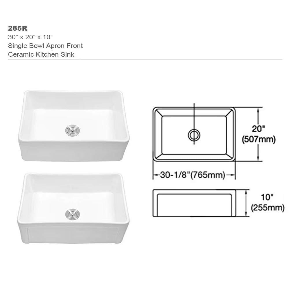 Farmhouse Apron Front Kitchen Sink, 30 X 20 Inch — White Ceramic, Single Bowl