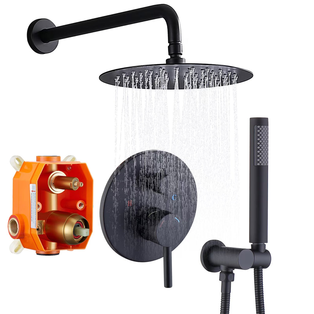 Shower System Combo Set, Matte Black — 10 Inch Rain Head, Handheld and Brass Valve