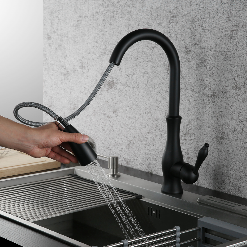 Pull-Out Kitchen Faucet - Brass Body, Swivel Spout, Black, Khaki, Brown or Silver