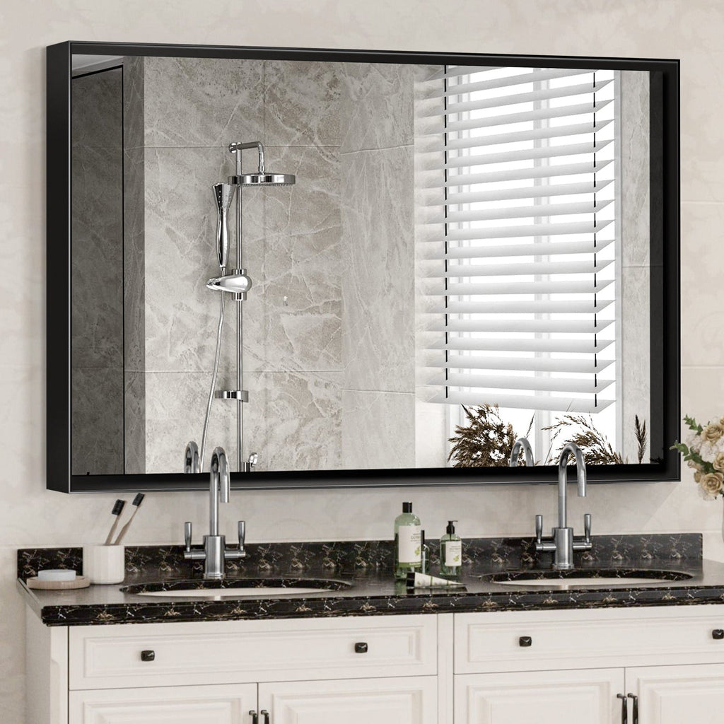 Rectangular Bathroom Mirror, 40 X 30 Inch — Glossy Black Metal Frame