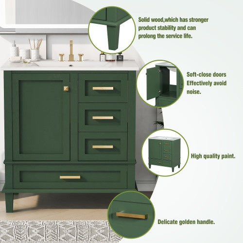 30 Inch Green and White Bathroom Vanity with Sink Combo, Soft-Close Door and Three Drawers, Solid Wood Frame