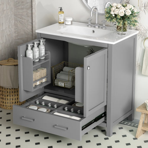 30 Inch Gray and Green Bathroom Vanity with Single Undermount Sink, Two Doors and Drawer, Soft-Close, Solid Wood Frame