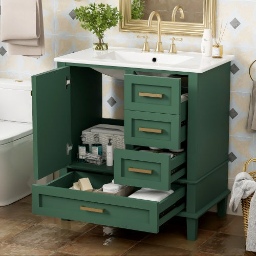 30 Inch Green and White Bathroom Vanity with Sink Combo, Soft-Close Door and Three Drawers, Solid Wood Frame
