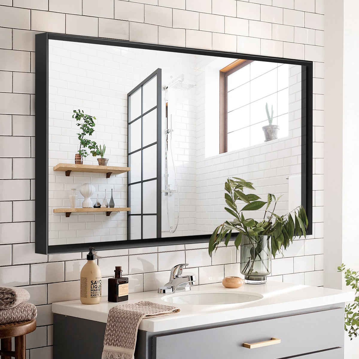 Rectangular Bathroom Mirror, 40 X 30 Inch — Glossy Black Metal Frame