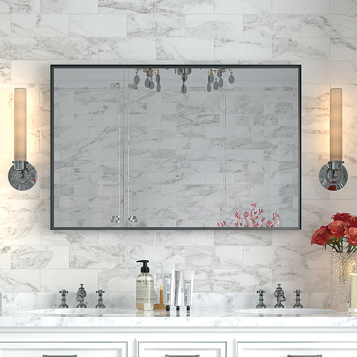 Rectangular Bathroom Mirror, 40 X 30 Inch — Glossy Black Metal Frame