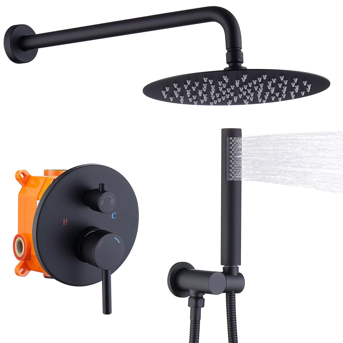 Shower System Combo Set, Matte Black — 10 Inch Rain Head, Handheld and Brass Valve