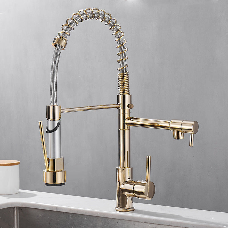 Pull-Down Kitchen Faucet, All-Copper with Dual Outlet
