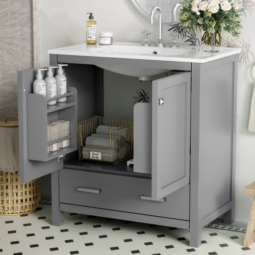 30 Inch Gray and Green Bathroom Vanity with Single Undermount Sink, Two Doors and Drawer, Soft-Close, Solid Wood Frame