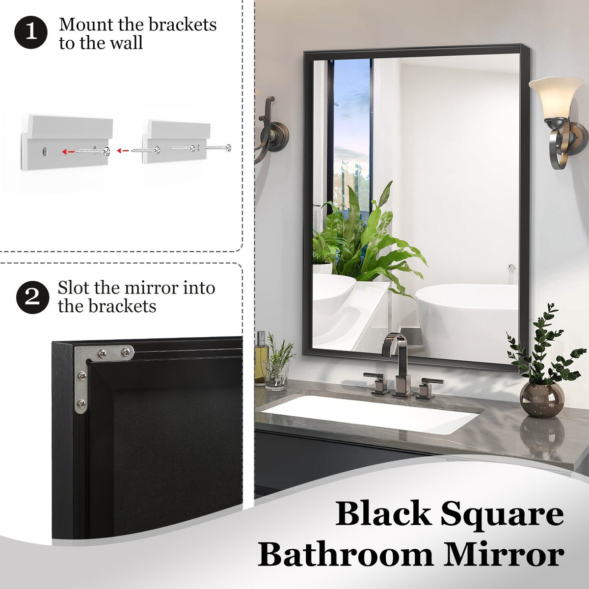 Rectangular Bathroom Mirror, 40 X 30 Inch — Glossy Black Metal Frame