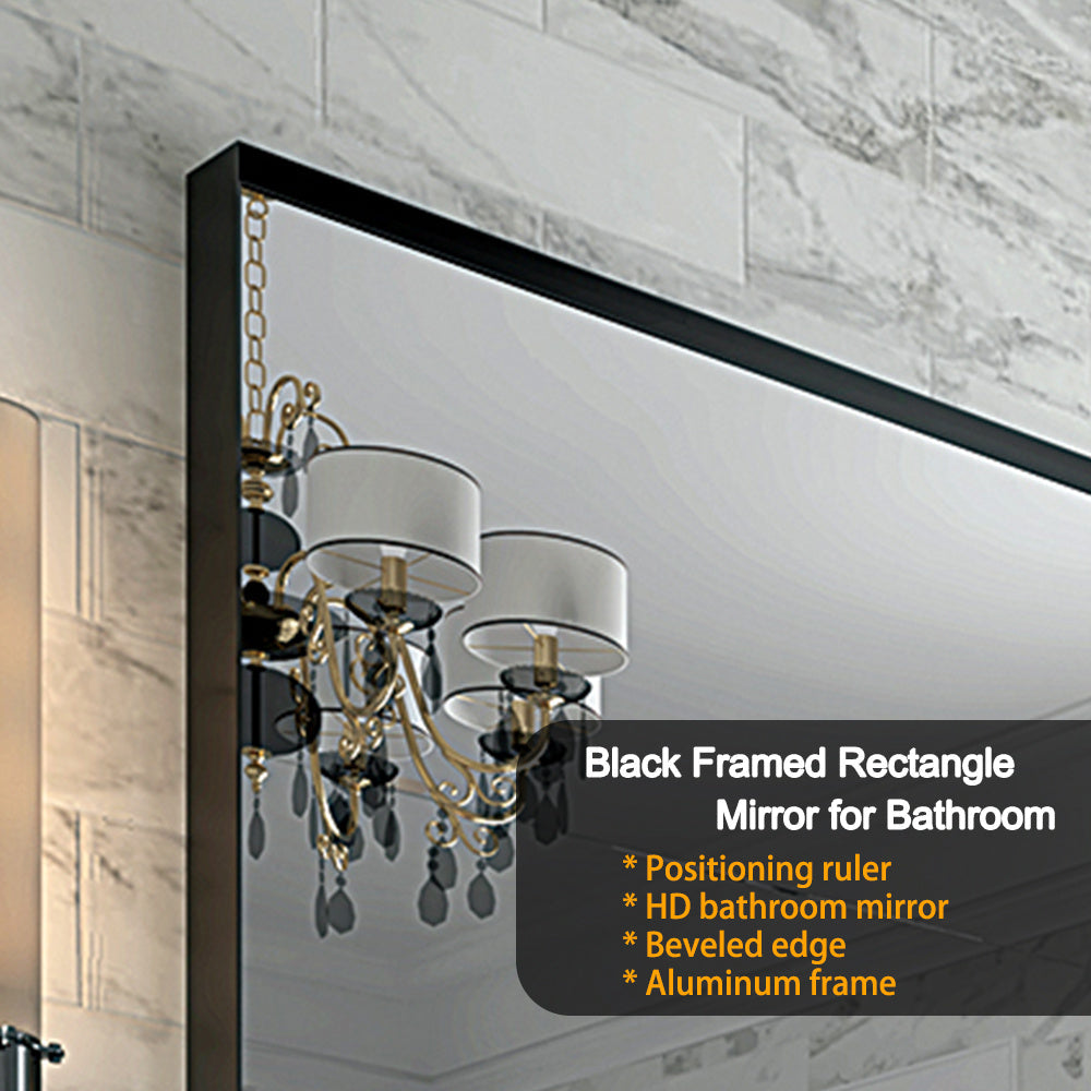 Rectangular Bathroom Mirror, 40 X 30 Inch — Glossy Black Metal Frame